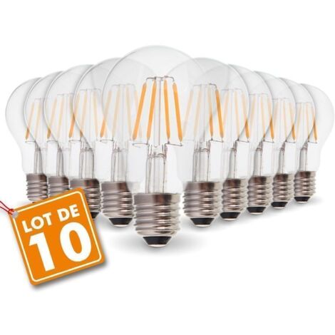 Eclairage Design – Lot de 10 ampoules LED E27 7.3W filament 60W équivalent – Blanc chaud 2700K – Angle 360° – Allumage instantané