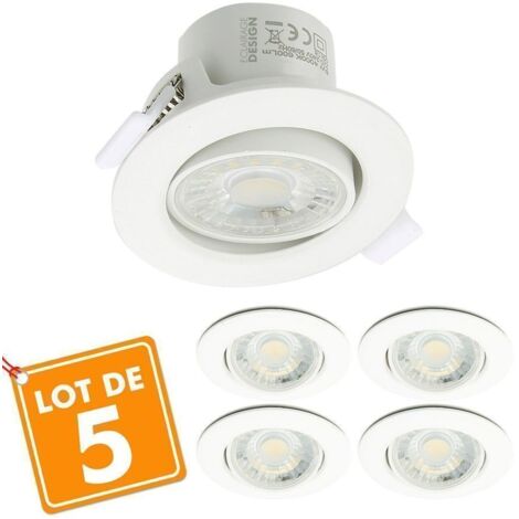 Eclairage Design – Lot de 5 spots LED encastrables orientables 8W – Équivalent 75W – Blanc neutre 4000K – Dimensions 75mm diamètre – Norme CE et ROHS