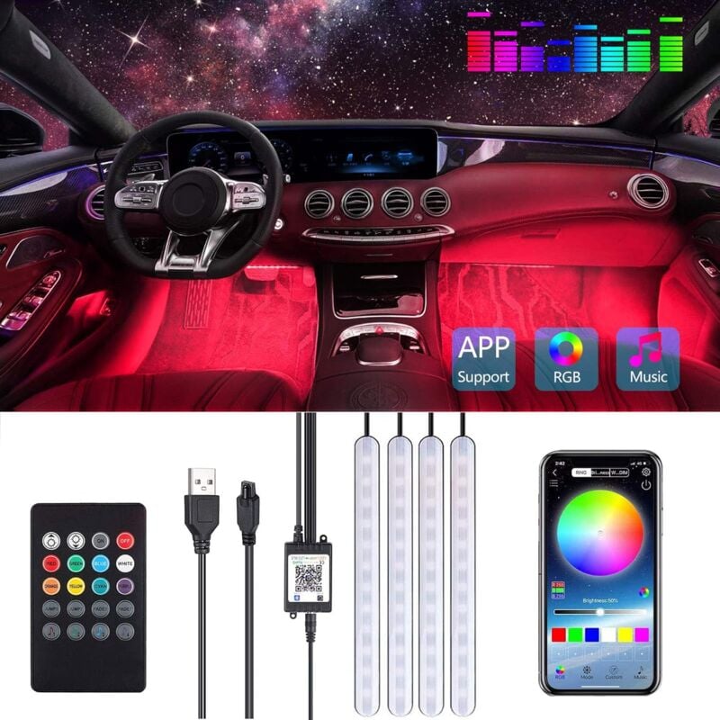 Éclairage intérieur LED de voiture 48 LED RGB Accessoires de voiture Bandes intérieures 4 pièces 6,2 m avec application Bluetooth Éclairage