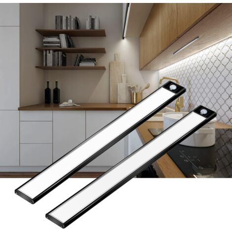 Éclairage LED sous meuble avec détecteur de mouvement, lot de 2 lampes LED 6000K (lumière blanche), lampes magnétiques ultra-minces pour placard, batterie rechargeable sans fil