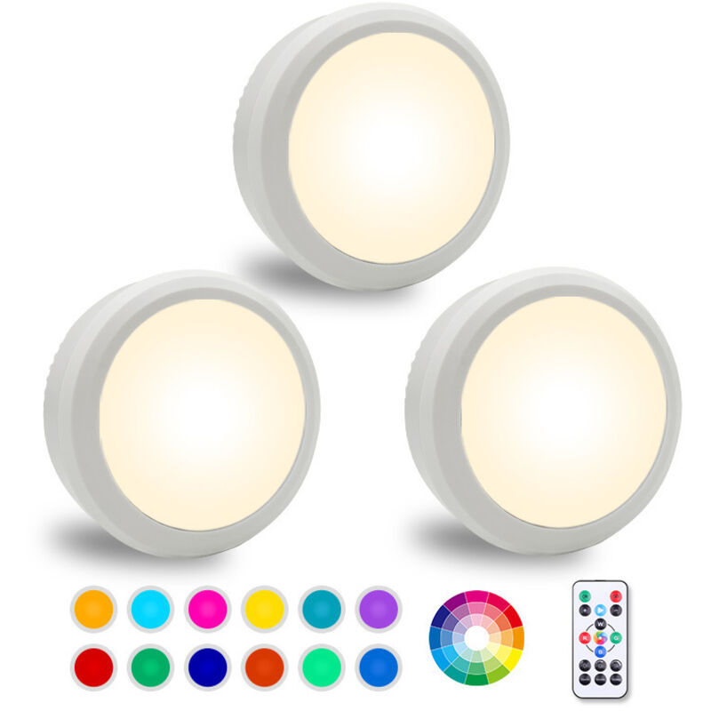 Éclairage LED sous meuble avec télécommande, variateur d'intensité, fonctionne sur piles, 12 couleurs RVB préréglées avec minuterie (lot de 3)