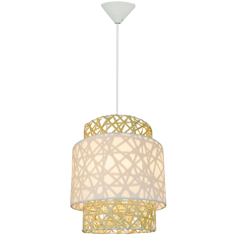 Eclairage plafond design Quito 160cm réglable rotin et tissu blanc compatible led