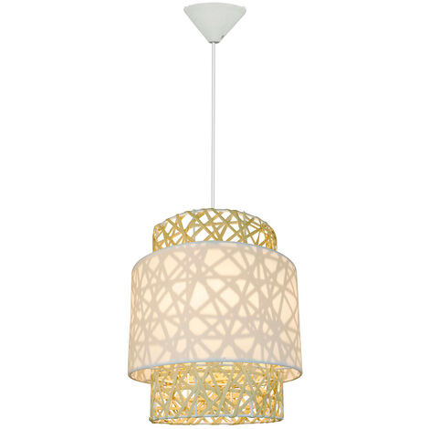 Eclairage plafond design Quito 160cm réglable rotin et tissu blanc compatible LED