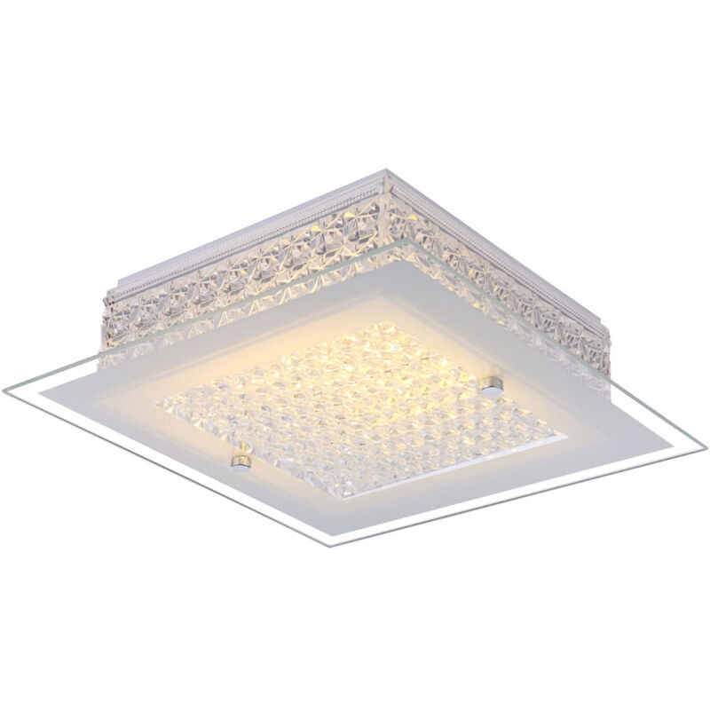 Plafonnier led cristaux cristal clair verre opale plafonnier salon, métal chromé, led 12W 1030Lm blanc chaud, LxPxH 30x30x8 cm