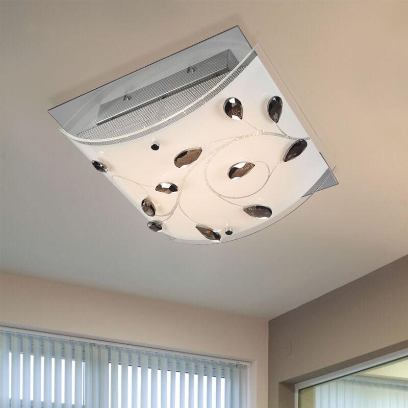 Plafonnier verre cristal clair salon plafonnier carré lampe de salon, métal opale, 1x led 18W 1700 Lm blanc chaud, LxPxH 30x30x12 cm