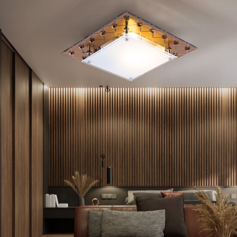 Plafonnier miroir en verre, plafonnier en verre de cristaux, luminaire de salon, métal cuivré, 1x douille E27, LxlxH 26x26x8,5 cm