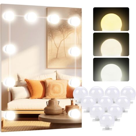 Éclairage pour miroir de salle de bain, 10 ampoules LED à intensité variable, 3 couleurs, 9 niveaux de luminosité, câble USB réglable.