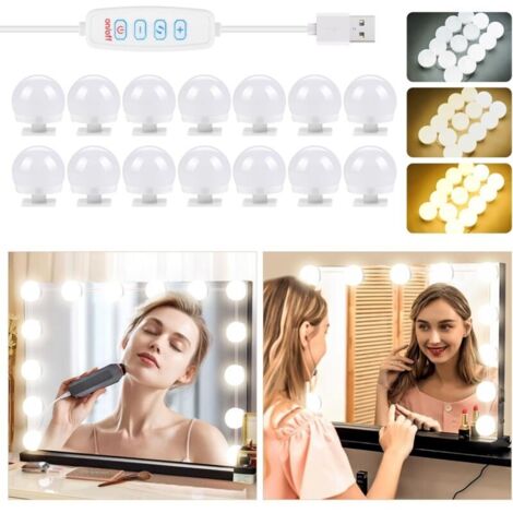 Éclairage pour miroir de salle de bain, 14 ampoules LED à intensité variable, 3 couleurs, 9 niveaux de luminosité, câble USB réglable.