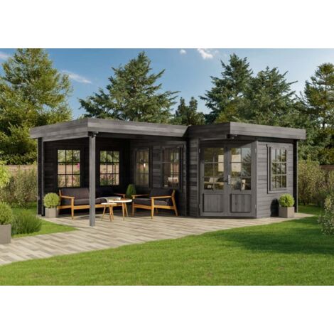 ECO Set - Abri de jardin pentagonal Pepe gris Gris Imprégné, 40 mm Épaisseur paroi 618 x 462 cm