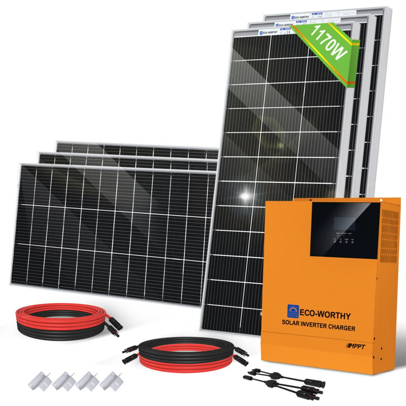 Eco-worthy - 1170W Solar Panel Kit with 6pcs Bifacial Solar Panels and 3000W 24V Hybrid All-in one Inverter for Shed Cabin Home Garden Cabin Camper