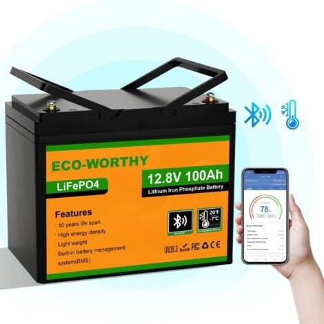 ECO-WORTHY 100Ah 12V Bluetooth Lithium Battery Low Temp Cut-Off Rechargeable LiFePO4 with 3000--15000 Cycles and BMS Protection, Perfect For Rv, Marine,camping, Solar