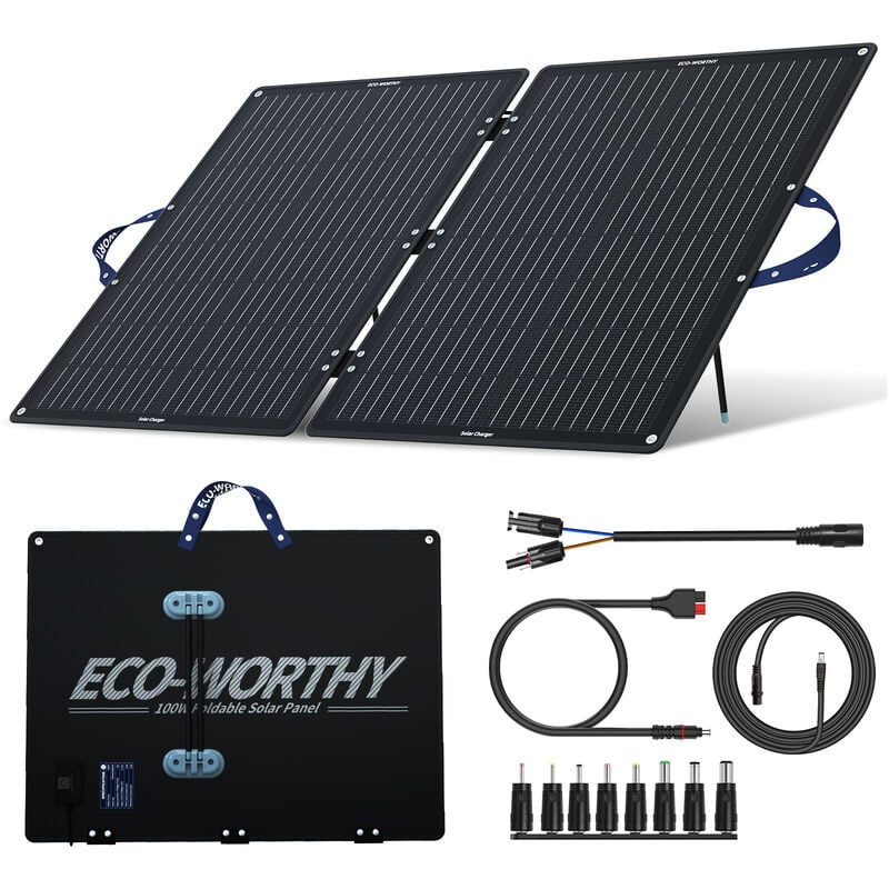 Eco-worthy - 100W panneau solaire Portable Monocristallin Pliable avec Support Réglable, Câble Photovoltaïque (9,84 Pieds) et 4 Adaptateurs dc pour