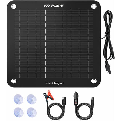 ECO-WORTHY 10W 12V Solar Trickle Charger Car Battery Maintainer, Portable Solar Panel Power Backup Kit with Alligator Clip Adapter for Car RV Boat Automobile Motorcycle