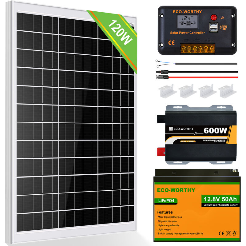 Eco-worthy - 120W Solar Panel Complete Kit 50Ah 12V Lithium LiFePO4 Rechargeable Battery