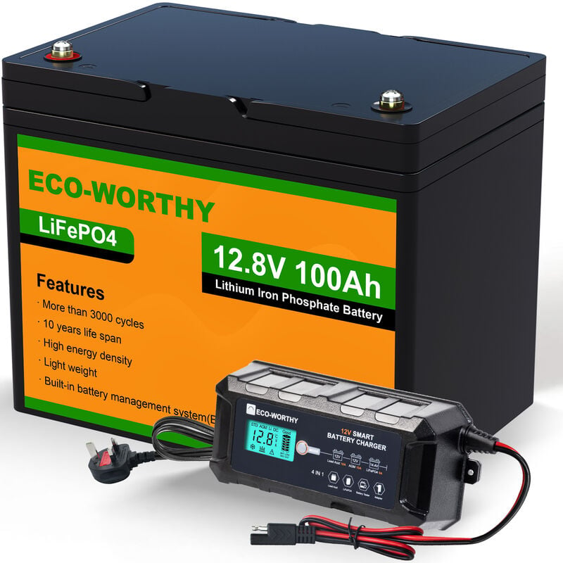 Eco-worthy - 12.8V 100AH Lithium LiFePO4 Battery and 12V 10A Automatic Smart Battery Charger and Maintainer,Built-in BMS,4000+ Deep Cycle,for