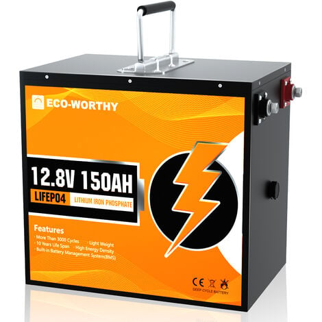 ECO-WORTHY 12V 150Ah Batterie LiFePO4 Rechargeable au lithium avec 3000+ cycles profonds et protection BMS pour camping-car, bateau, kit panneau solaire et application industrielle