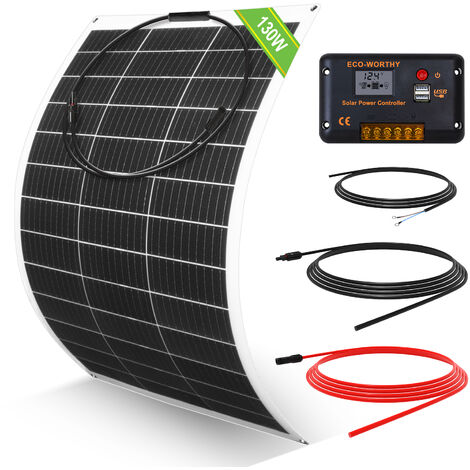 ECO-WORTHY 130 Watt 12 Volt flexible kit panneau solaire hors réseau : 130W panneau solaire + 30A écran LCD régulateur de charge PWM + 5m de câble solaire pour caravane, camping-car, bateau, cabine, r