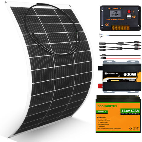 ECO-WORTHY 130W 18V Panel solar flexible Kit completo con bater��a de litio 30Ah 12V LiFePO4 para barco, hogar, caravana, marina