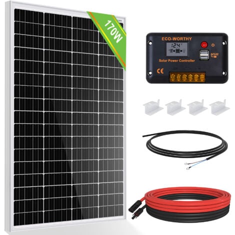 ECO-WORTHY 170W 12V monokristallines Solarpanel Kit Solarmodul mit 30A Laderegler + 5m Solaradapter-Kit + Z-Halterungen, netzunabhängig, geeignet für Wohnmobil Boot Haushalt