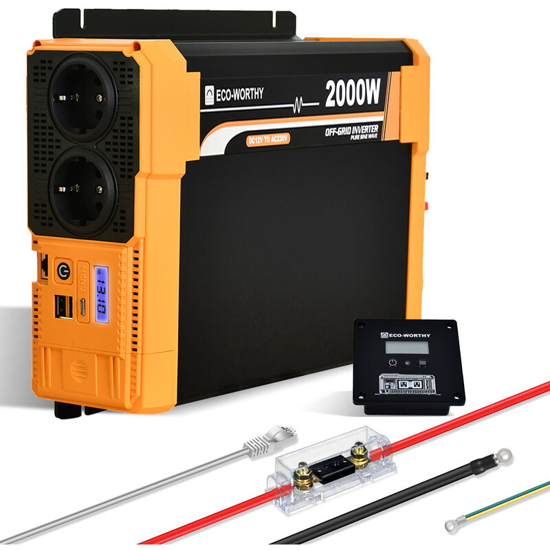Eco-worthy - 2000W 12Vdc-230Vac Pure Sine Wave Inverter Onduleur solaire hors-réseau,Port usb double 18W intégré, 2 prises ac, 1 bornes hardwire et 1