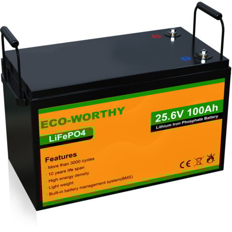 ECO-WORTHY 24 V 100 Ah LiFePO4 Batería de litio recargable con más de 3000 ciclos profundos y protección BMS para sistemas solares, campistas, barcos, casas, kits de paneles solares y campings.