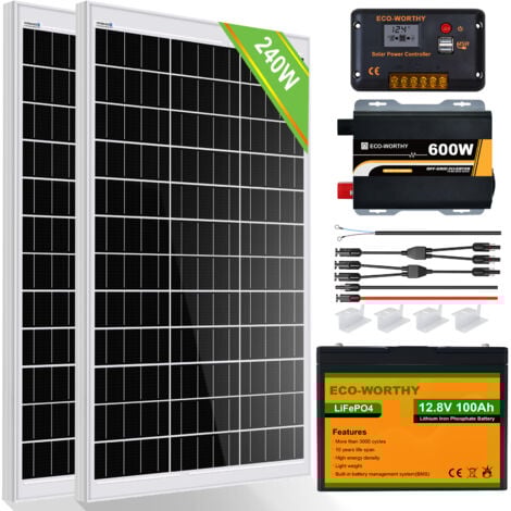 ECO-WORTHY 240W 12V Kit panneau solaire avec batterie rechargeable LiFePO4 lithium batterie 100Ah 12V,contrôleur de charge 30A,onduleur 600W 12V pour maison RV camping-car cabine marine bateau