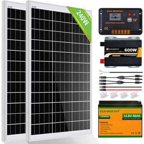 ECO-WORTHY 240W Solarpanel Kit solaranlage komplettset 1 kWh/Tag: 120W Monokristallines Solarpanel + 50Ah LiFePO4 Lithium Batterie + 600W Wechselrichter + 30A Solarladeregler für Wohnmobile