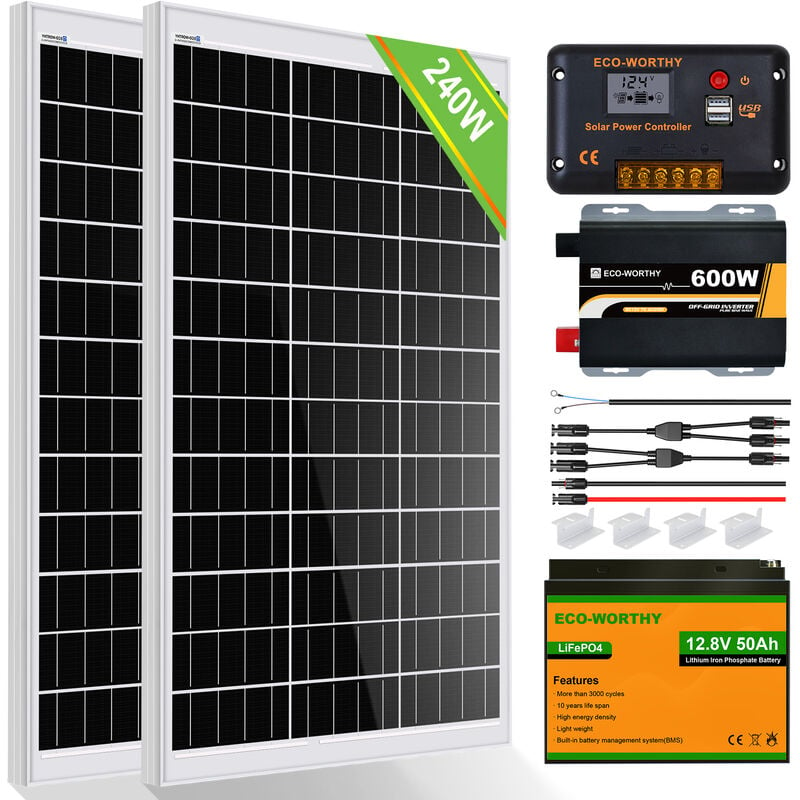 Eco-worthy - 240W 12V Solar Panel System 1kWh/Day Off Grid Kit for Home rv Motorhome Shed Emergency Power Supply: 2pcs 120W Solar Panels+50Ah Lithium