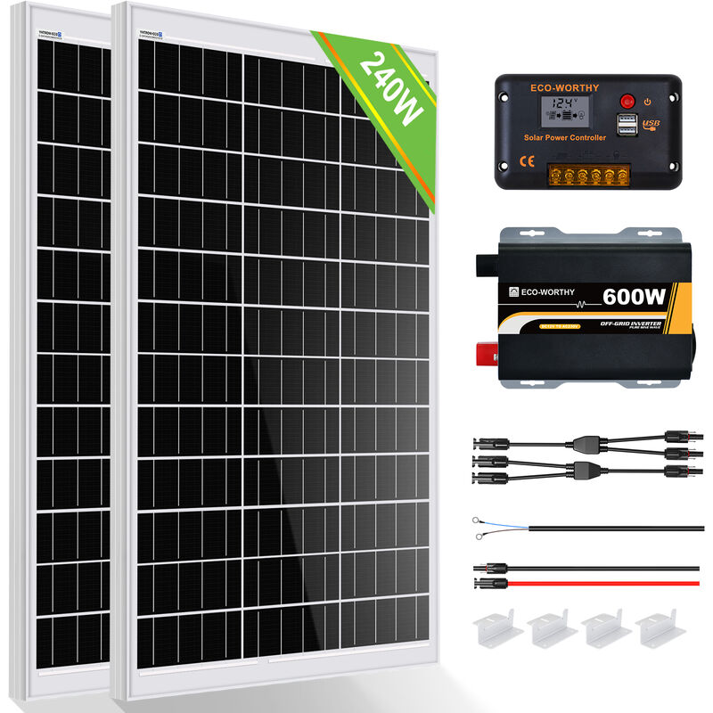 240W 12V Kit panneau solaire avec contrôleur de charge 30A,onduleur 600W 12V pour maison rv camping-car cabine marine bateau - Eco-worthy