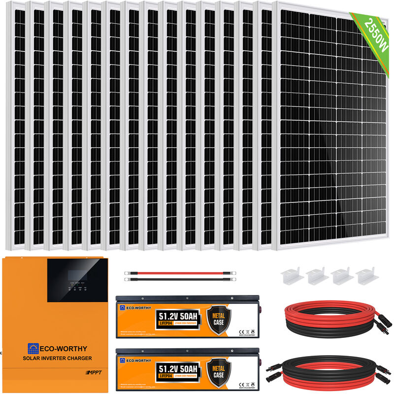 Eco-worthy - Kit de panneau solaire 48V 2500W Système avec onde sinusoïdale 5000W 48V,batterie lithium 48v 100Ah pour cabanon cabine maison cabane du
