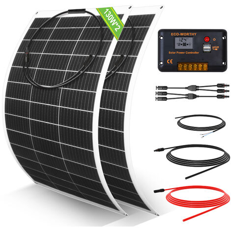 ECO-WORTHY 260W 12 Volt flexibles Solarpanel Kit netzunabhängig Off Grid: 2 Stücke 130W Solarpanel + 30A LCD-Display PWM-Laderegler + 5m Solarkabel für Wohnwagen, Wohnmobil, Boot, Anhänger, Camper