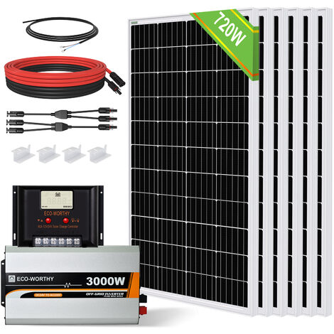 ECO-WORTHY 2KW/h Kit complet de panneau solaire 720W avec Onduleur hors reseau 3000W 24V et contrôleur de charge solaire 60A pour bateau, maison, caravane,cabanon,cabane du jardin,RV
