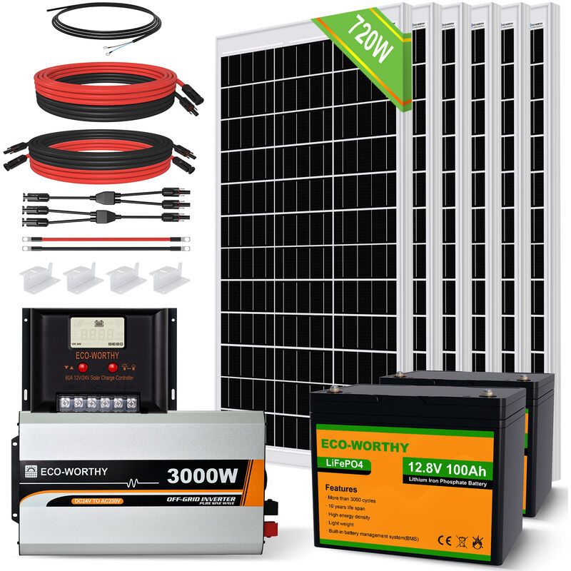 Eco-worthy - 2KW/h Kit complet de panneau solaire 720W 24V avec batterie LiFePO4 2x100Ah 12V, onduleur de Charge pure 3000W 24V, contrôleur de charge