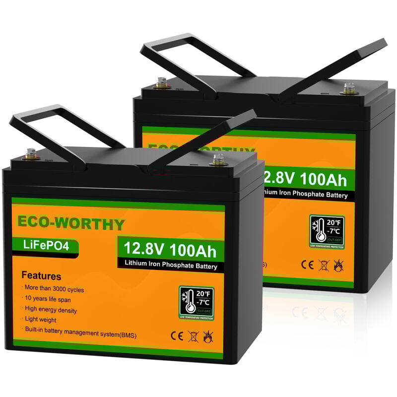 Eco-worthy - Batterie au lithium 12V 100Ah LiFePO4 rechargeable avec cycle profond de plus de 3000 fois et protection bms pour systeme solaire,