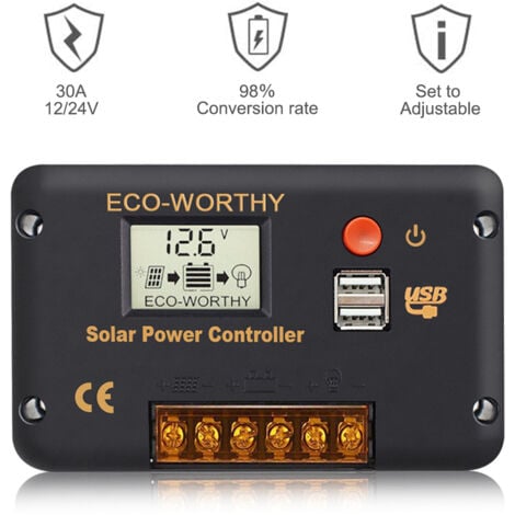 ECO-WORTHY 30A 12V/24V Solar Laderegler Intelligenter Regler mit Dual USB Port Solar Batterie Controller LCD Display