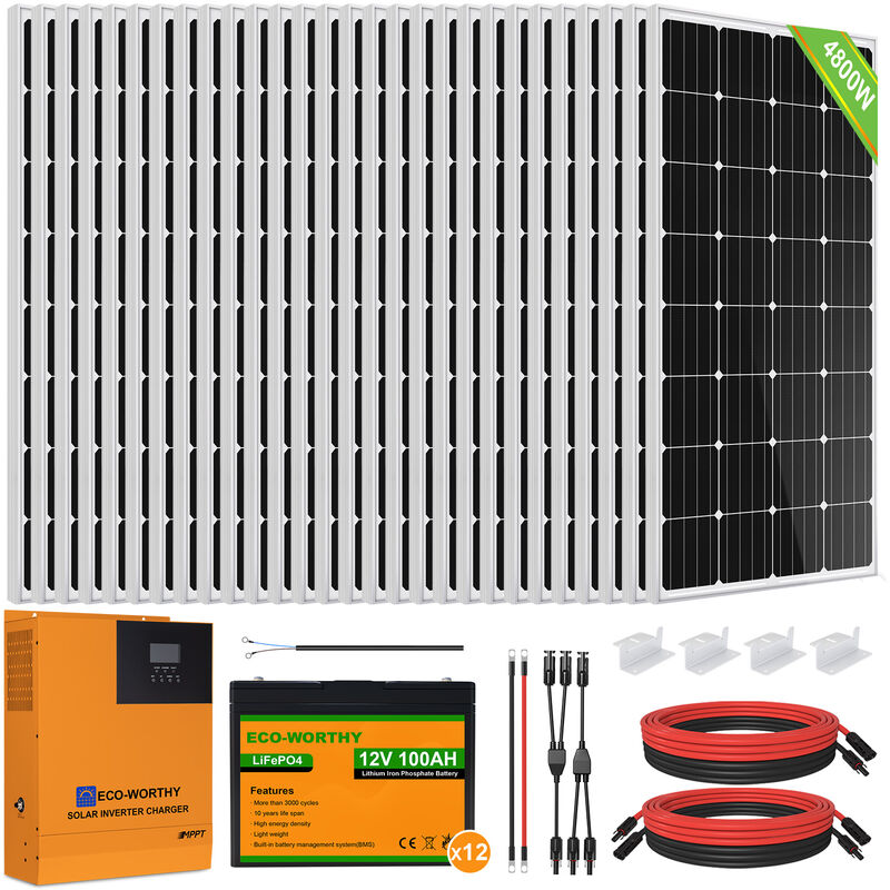 Eco-worthy - 4760W Solar Panel Kit with 5000W 48V Pure Sine Wave Solar All-in-one Inverter-Controller,100Ah 12V Lithium Battery for Shed Cabin Home