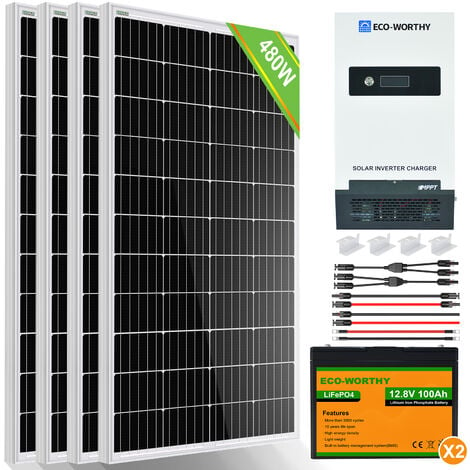 ECO-WORTHY 480W Solarpanel-Kit Reine Sinus-Solar-Wechselrichter-Lithiumbatterie-Schuppenkabine