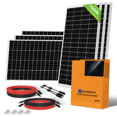 ECO-WORTHY 4kWh/Tag Balkonkraftwerk Solarpanel System Stromversorgung für netzunabhängige Haushalte 1000W 24V: 6 Stücke 170W monokristallines Solarmodul + 3000W 24V-230V Hybrid-Wechselrichter