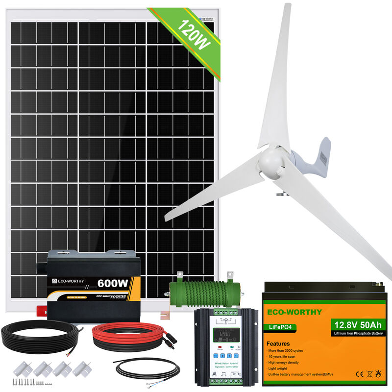 Eco-worthy - 520W 12V Hybrid Kit: 400W dc Wind Generator with 120W Solar Panel and 50Ah 12V Lithium Battery for Home, Shed, Off-Grid System