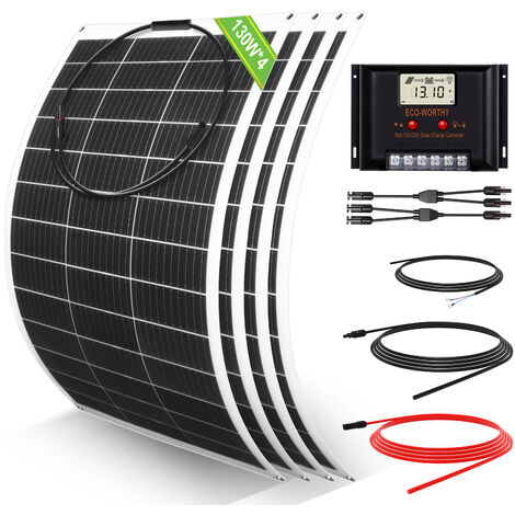 ECO-WORTHY 520W 24 Volt flexibles Solarpanel Kit netzunabhängig Off Grid: 4 Stücke 130W Solarpanel + 60A LCD-Display PWM-Laderegler + 5m Solarkabel für Wohnwagen, Wohnmobil, Boot, Anhänger, Camper