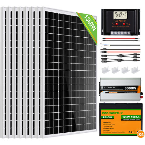 ECO-WORTHY 5.5kWh/jour Système de panneaux solairesAlimentation électrique pour les foyers hors réseau 1360W 24V : 8 pièces 170W panneau solaire monocristallin + 3000W 24V-230V onduleur hybride + 4 x