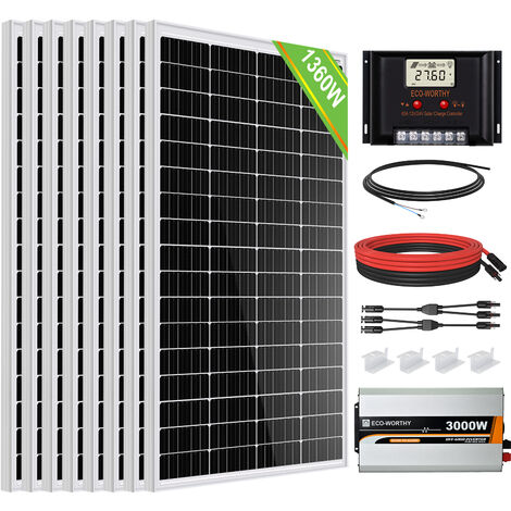 ECO-WORTHY 5.5kWh/jour Système de panneaux solairesAlimentation électrique pour les foyers hors réseau 1360W 24V : 8 pièces 170W panneau solaire monocristallin + 3000W 24V-230V onduleur hybride