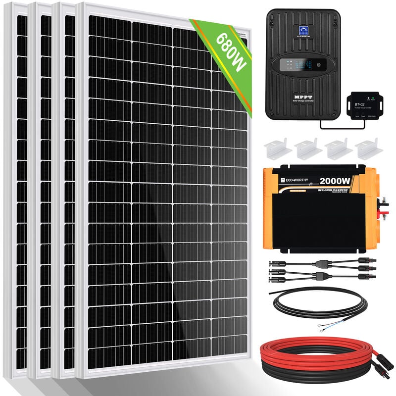 Eco-worthy - 680W 12V kit solaire complet avec batteries pour caravanes et maisons hors réseau:4x 170W panneaux solaires + 2000W 12V onduleur + 40A