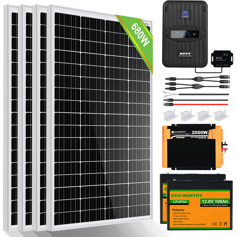 ECO-WORTHY 680W 12V kit solaire complet avec batteries pour caravanes:4x 170W panneaux solaires + 2x 100Ah batteries au lithium + 2000W 12V onduleur
