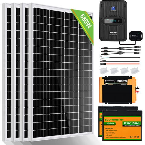 ECO-WORTHY 680W 12V kit solaire complet avec batteries pour caravanes et maisons hors réseau:4x 170W panneaux solaires + 2x 100Ah batteries au lithium + 2000W 12V onduleur + 40A MPPT régulateur de cha