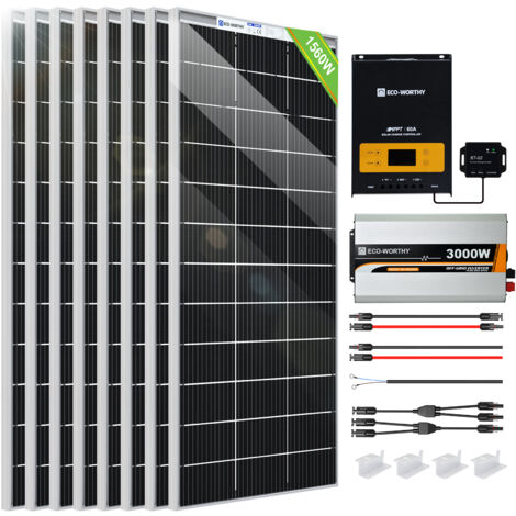 ECO-WORTHY 6,8kWh/Tag Solarpanel Stromversorgungssystem für netzunabhängige Haushalte 1700W 24V: 10 Stücke 170W monokristallines Solarmodul + 3000W 24V-220V Sinuswechselrichter + 60A PWM-Laderegler