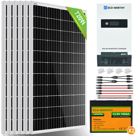 ECO-WORTHY 720W Solarpanel-Kit Reine Sinus-Solar-Wechselrichter-Lithiumbatterie-Schuppenkabine