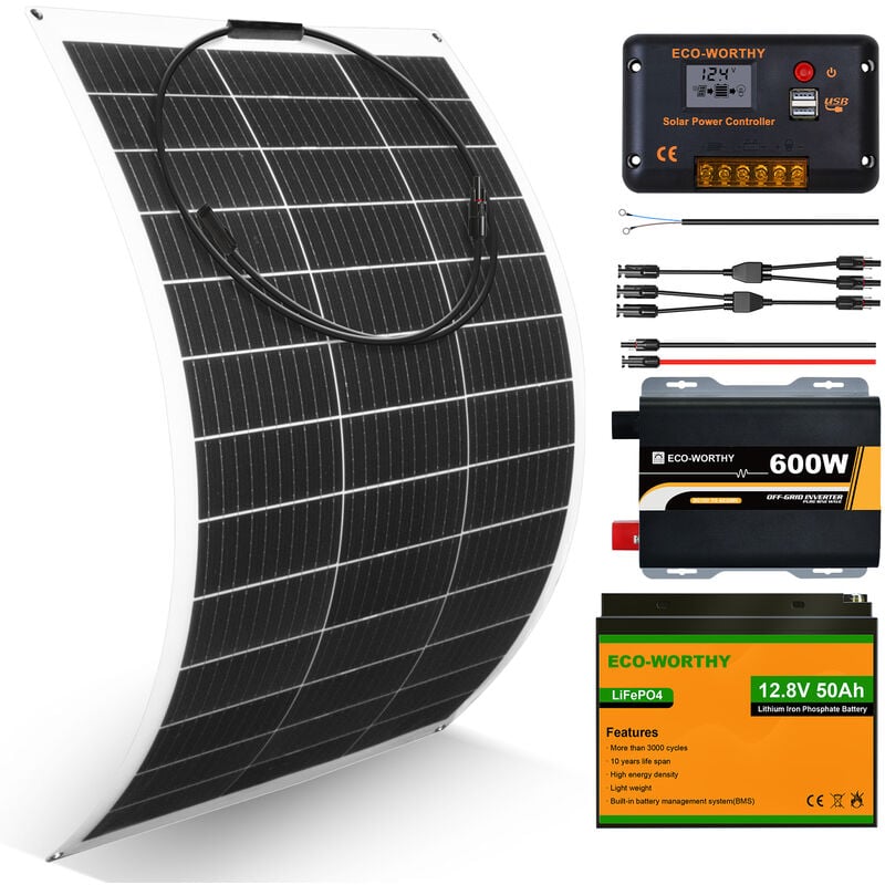 Eco-worthy - 130W 12V Flexible Solar Panel Complete Kit: 130 Watt Solar Panel+ 50Ah Lithium Battery+ 30A lcd Display pwm Charge Controller for rv