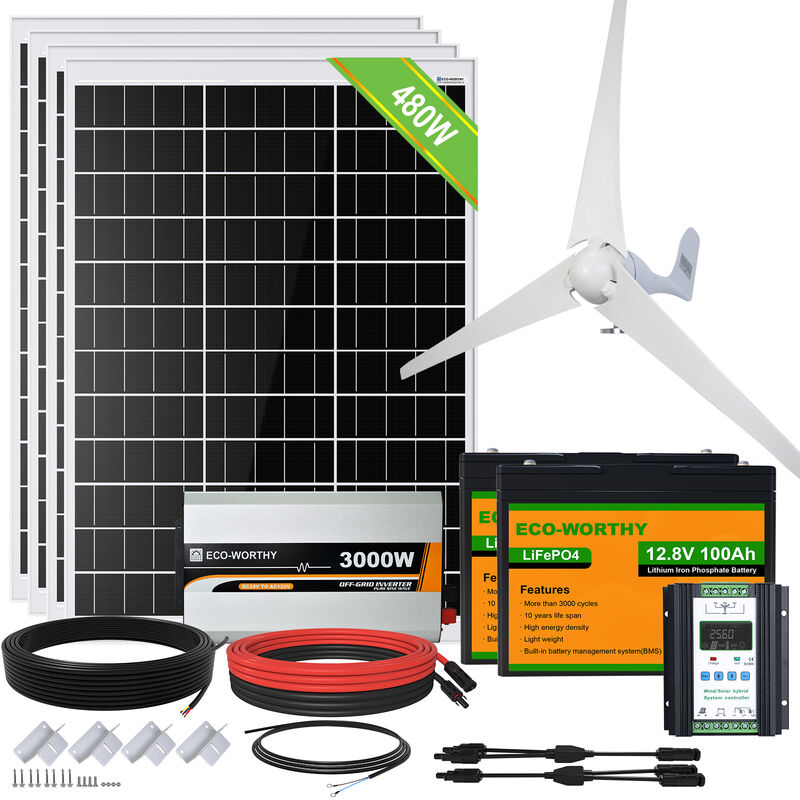 Eco-worthy - 880W 24V Hybrid-Kit: 400W dc Windgenerator mit 120W Solarpanel und 50Ah 12V Lithiumbatterie für Haus, Schuppen, netzunabhängiges System