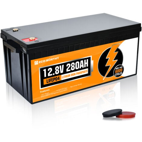 ECO-WORTHY Batteria al litio 12V 280Ah LiFePO4 Lithium Battery ricaricabile con oltre 6000 cicli profondi e protezione BMS per sistema solare, camper, casa, kit pannelli solari e campeggio.